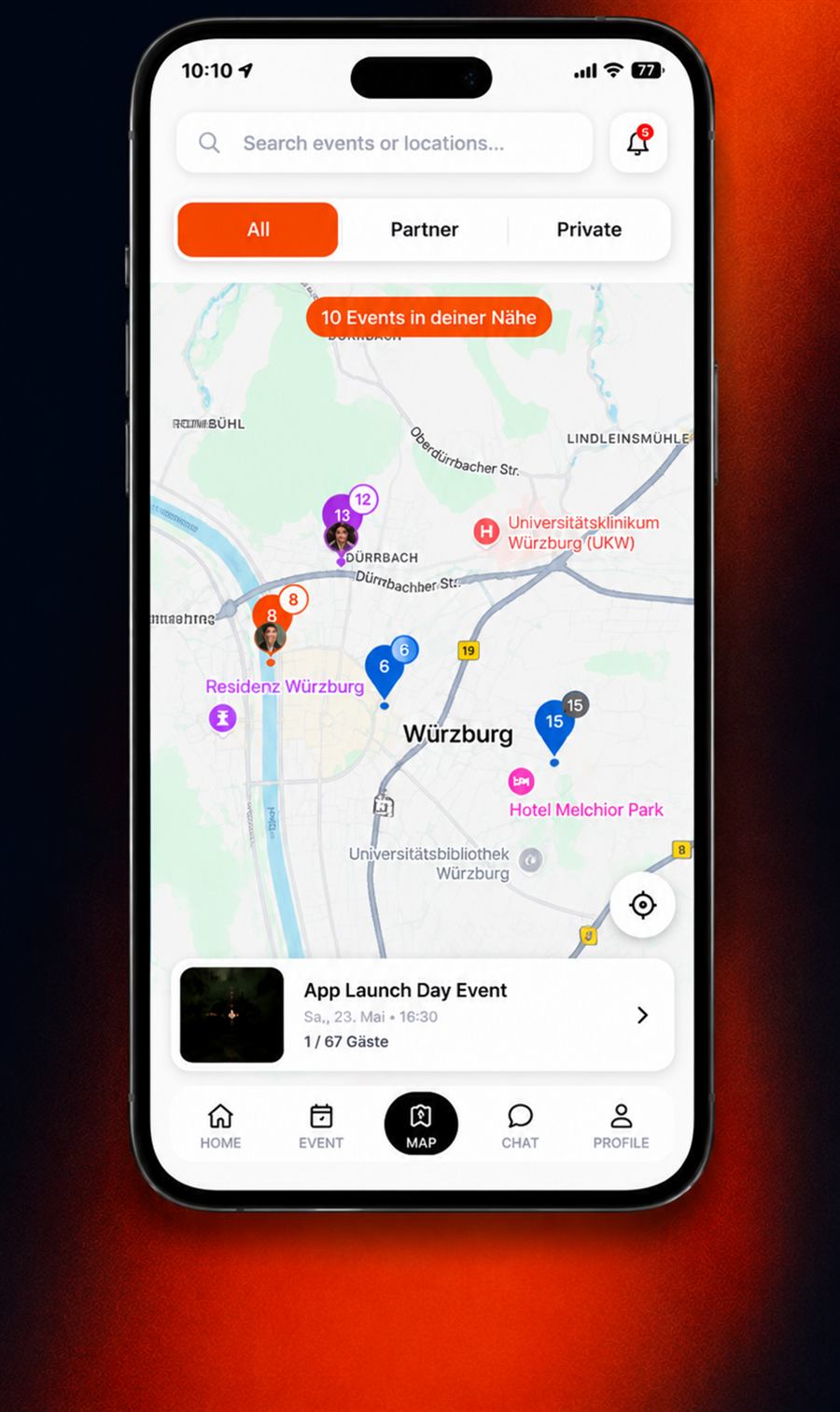 CliqOut App auf dem Smartphone mit Karte und Events in der Nähe